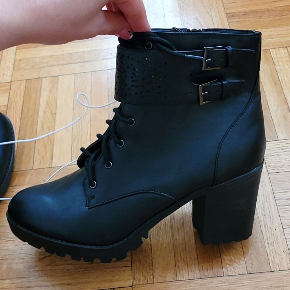 NWT Black Lace Up Boots with Zipper and Decorative Strap - 3 Inch Heels - Picture 8 of 13